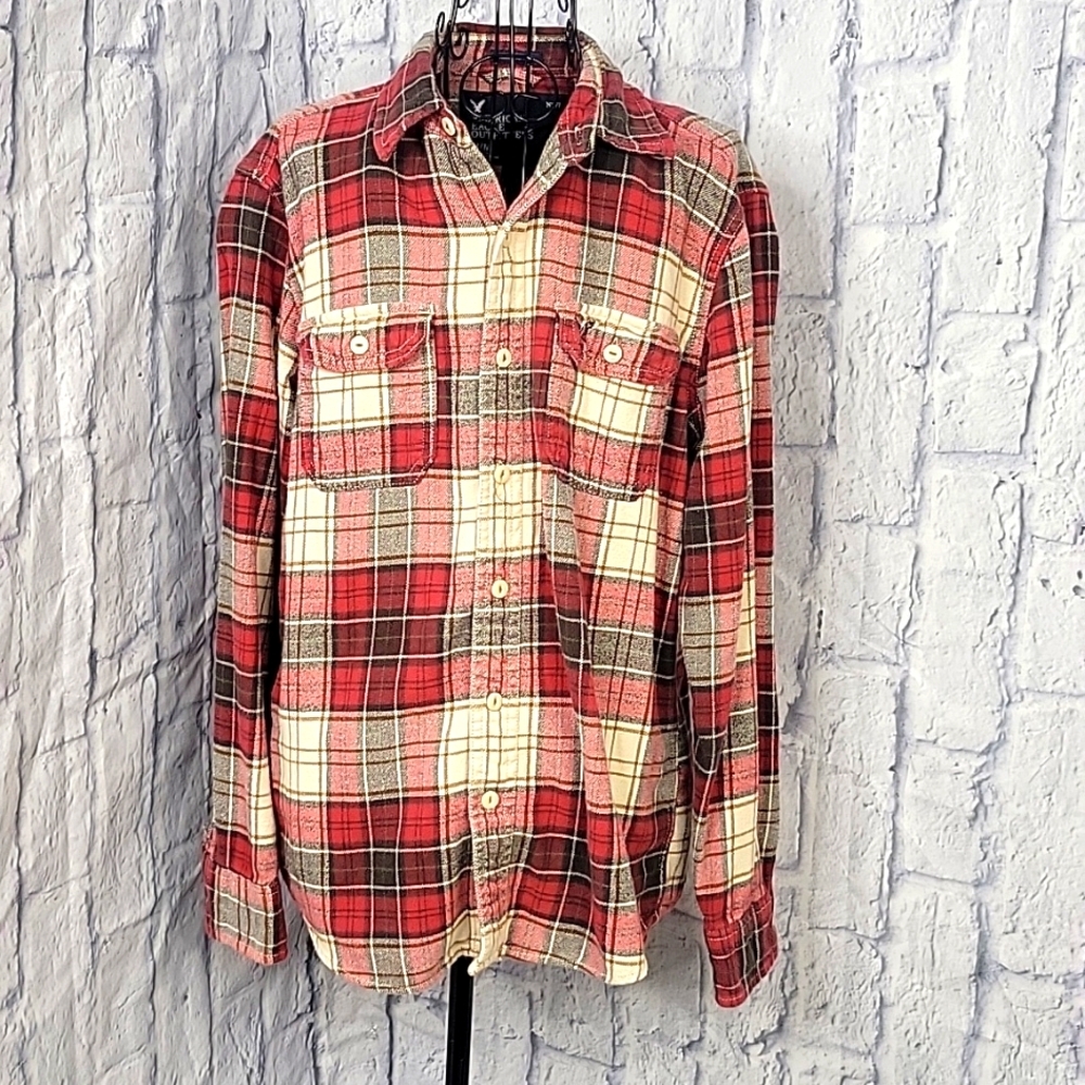 AMERICAN EAGLE Red/Brown/White Plaid‎ Flannel Button Up Men's Shirt Medium